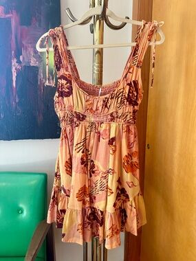 Free People Peach and Plum Tie-Shoulder Tiered Sundress